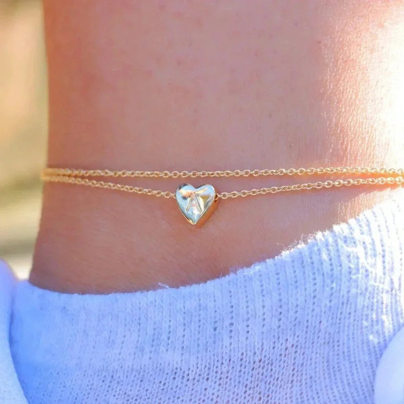 GOLD INITIAL ANKLET ❤️HEART CHARM PERSONALIZED DOUBLE LAYER DAINTY, ELDM22105A - Picture 1 of 13